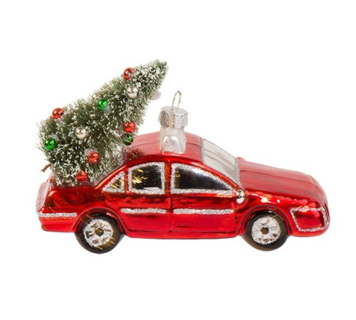 Автомобиль красный с рождественской елочкой (стекло) 13х8 см